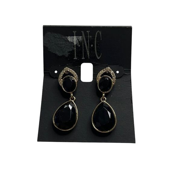 INC Gold Drop Dangle Earrings w/ Rhinestones & Black Gemstones, NWT - Picture 1 of 3